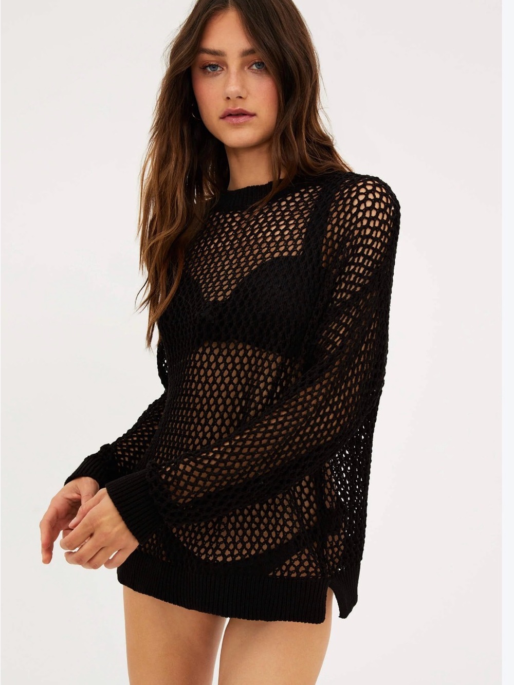 Beach Riot Hilary Black Open Knit Sweater Swim Cover Up Large NWOT